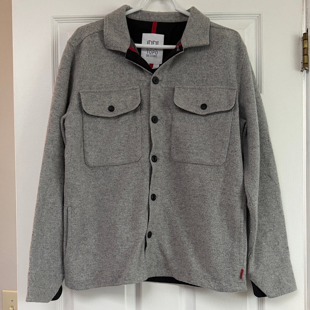 Topo Designs Men’s Light Gray Fleece Button-Up Shirt Jacket size Large